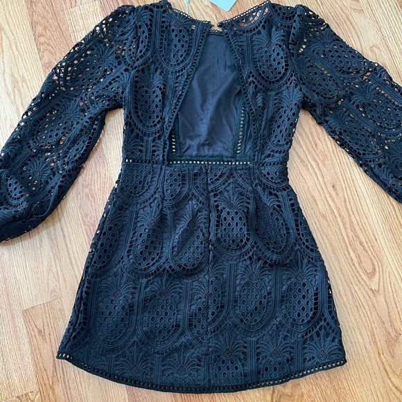 Black Crochet Overlay Balloon Sleeve Dress - Picture 4 of 10